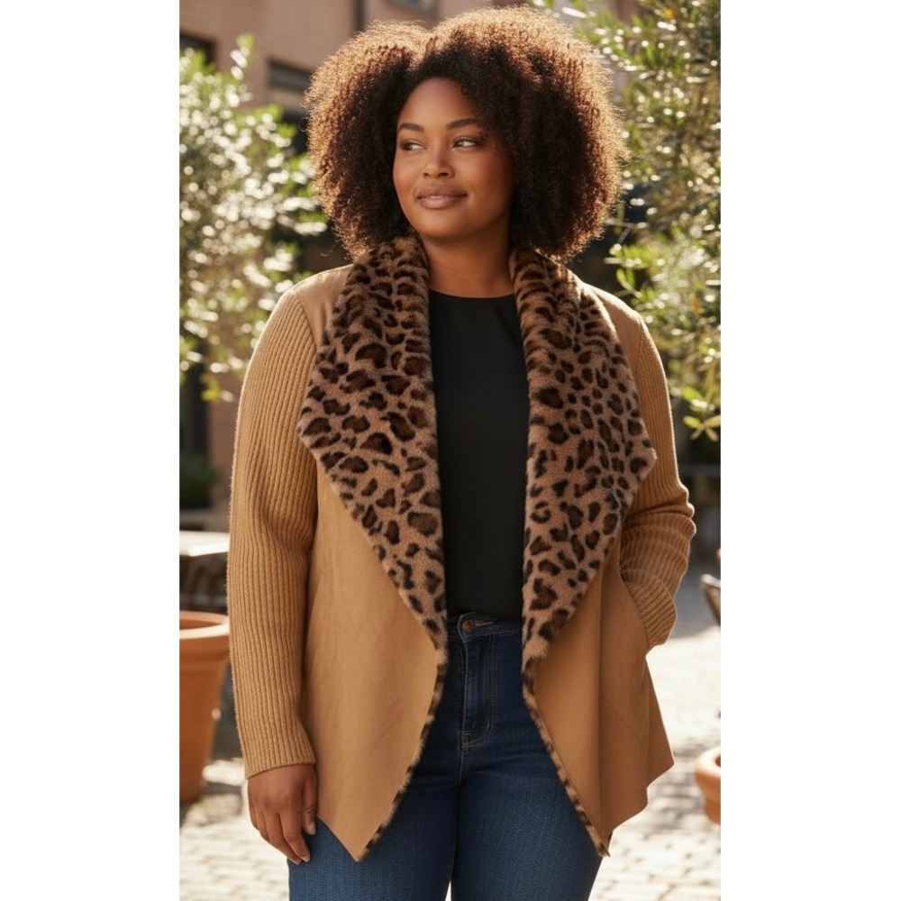 Kate & Sam Women's XL Camel Leopard Faux Fur Trim Cardigan Sweater Jacket